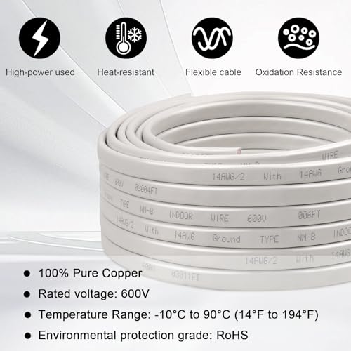 14/2 Wire with Ground - 10FT 14 Gauge NM-B Non-Metallic Sheathed Cable 100% Pure Copper 14 AWG 2 Conductor Residential Indoor Wire for Outlets, Switches, Other Loads and Lighting Wiring Projects etc. - size: 10FT, style: 14AWG/2