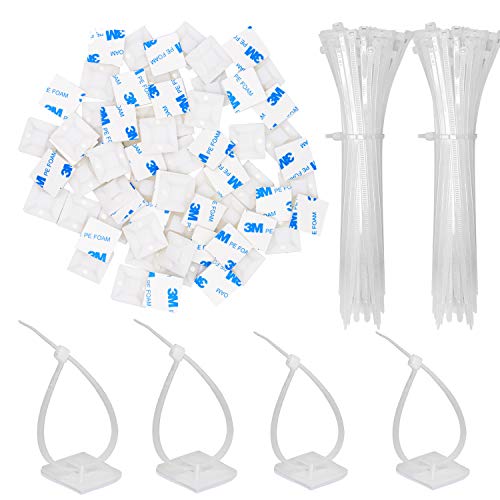 50 Pack 1.5 inch Zip Tie Adhesive Mounts Self Adhesive Cable Tie Base Holders with Multi-Purpose Tie wire clips with screw hole,Anchor stick on wire holder with 8 inch zip ties（White） - color: 50 Pack 1.5" White