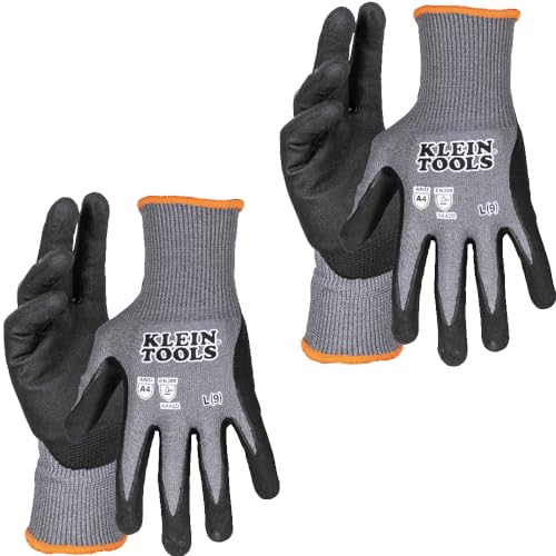 Klein Tools 60589 Work Gloves, Knit Dipped Cut Resistant ANSI A4 Nitrile Coated Gloves, HPPE Fabric, Touchscreen Capable Fingertips, Large, 2-Pair - style: Large