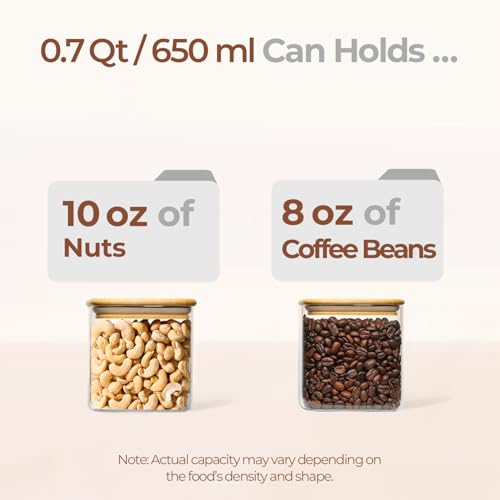 ComSaf Square Glass Containers with Lids 0.7 Qt, Set of 4 Pantry Glass Jars | Glass Storage Containers with Lids, Small Canisters, Spice Jar, Bamboo Lid with Silicone Seal, Size For Subpackage, BPA Free - size: 0.7Qt*4