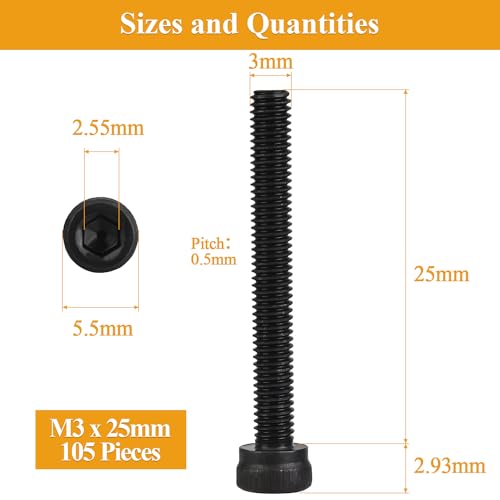 105 Pieces M3 x 25mm Socket Head Cap Screws, Thread Pitch 0.5mm, Sutemribor M3 Black Screws, 12.9 Grade Alloy Steel, Black Oxide Finish, Fully Threaded - size: M3 x 25mm, style: Socket Head