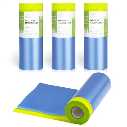 Tangibay Pre-Taped Masking Film for Painting - 44" x 66' Painters Plastic Sheeting with Automotive Paint Tape and Drape for Covering Cars, Walls, Windows and Furniture Protection (4 Rolls) - size: 4 Rolls: 44"