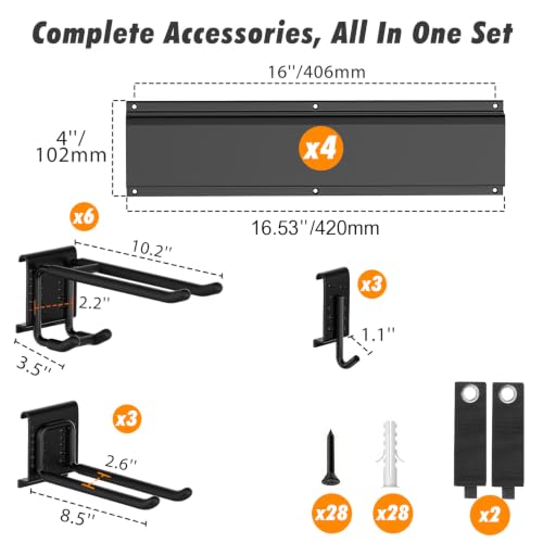 Housolution Garage Wall Organizer 64 Inch - 18Pack Carries 570 lbs | Garage Tool Organizer Storage System, 4 Rails with 12 Adjustable Hooks, Garden Tool Organizer for Warehouse, Workshop