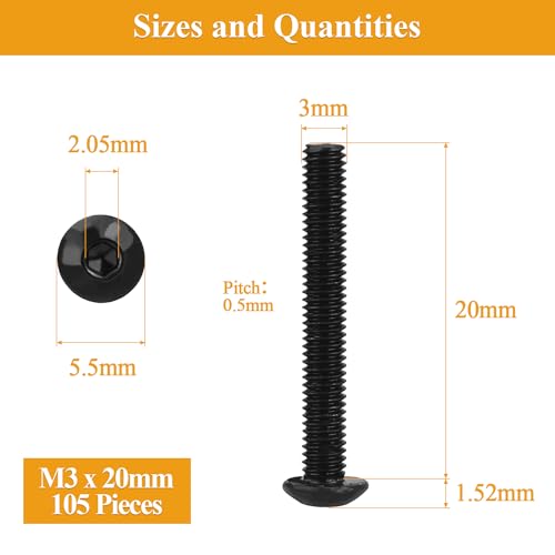 105 Pieces M3 x 20mm Button Head Socket Cap Screws, Thread Pitch 0.5mm, Sutemribor M3 Black Screws, 10.9 Grade Alloy Steel, Black Oxide Finish, Fully Threaded - size: M3 x 20mm, style: Button Head