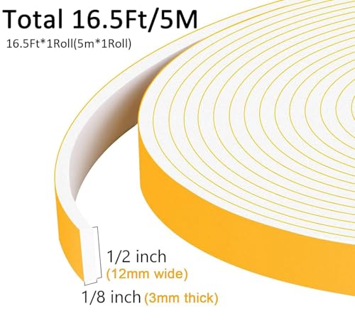 Thin Foam Weather Stripping for Windows and Small Gaps, 1/2x1/8in - color: White, size: 1/2 In x 1/8 In x 16.5Ft