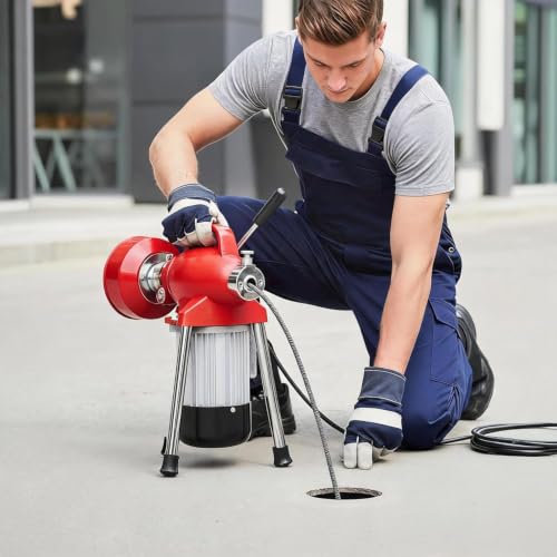 500W 400 RPM Auto Feed Electric Drain Cleaner Machine (66FT x 5/8" + 16FT x 3/8", Red) - color: Red