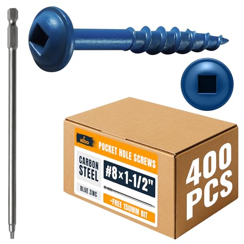 ALBO #8 x 1-1/2" Pocket Hole Screws 400 Pack – Durable Zinc-Coated Carbon Steel, Square Drive, Easy Drive Wood Screws with 6" Driver Bit for Cabinets & DIY Projects - color: Blue, size: #8 x 1-1/2"