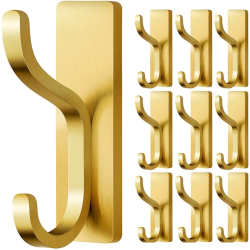 Adhesive Wall Hooks for Towel/Coat,13Lb Strong Stick-On Hooks, Gold 10 Pack - color: Gold, size: 10 Pack