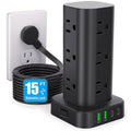 15FT Power Strip Tower Surge Protector, 12 Wide Spaced Outlets, 4 USB - color: Black, size: 15FT without Wireless Charging