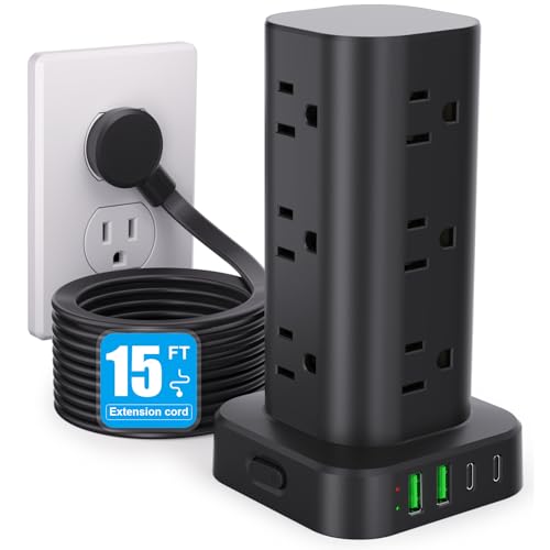 15FT Power Strip Tower Surge Protector, 12 Wide Spaced Outlets, 4 USB - color: Black, size: 15FT without Wireless Charging