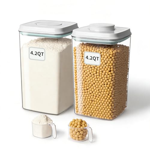 Airtight Food Storage Containers Set with One-Touch Lid, 2-Pack (4.22 QT / 4.0 L) Tall Stackable Durable PET for Bulk Rice, Flour & Baking Essentials Organizer. - color: 4.2Qt*2