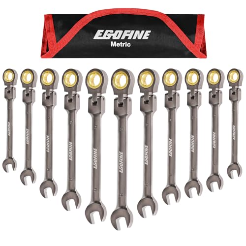 Egofine Flex Head Ratcheting Wrench Set 11 Piece, Metric Wrench Set, CR-V Steel 6-15mm Wrench, 72-Teeth Combination wrench set, Nickel Plating Ratchet Wrenches Set with Tool Roll Bag - size: Metric-11 piece set