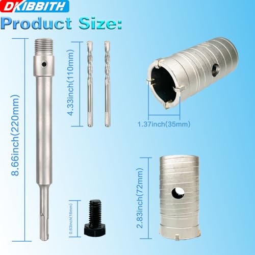 1-3/8" Concrete Hole Saw, 35mm Tungsten Steel Core Bit for Cinder Block, Brick, Rock, Plank Walls for Pipes or mini Split Lines, with SDS Plus Shank and 2 Center Positioning Drill Bits. - size: 1-3/8"