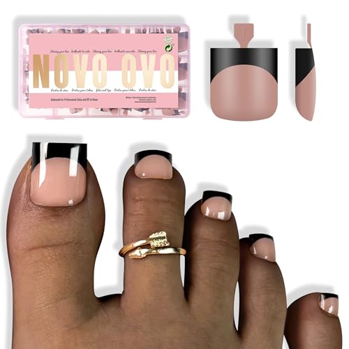 NOVO OVO Halloween Black French Tip Toe Nail Tips Press on,BROWN PINK Sharp Square Pre-Designed Soft Gel False Toenail Extension, Medium Wide Fake Toenails, Full Cover Acrylic for DIY 15 Sizes 240 pc - color: Sharp Square Black French Tip Brown Pink