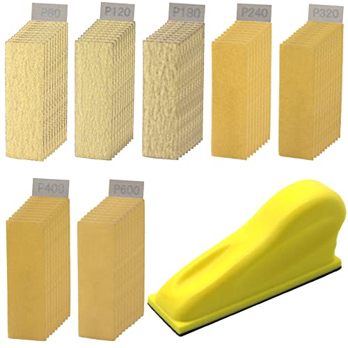 70 Sheets Micro Detail Sander Paper Kit with 3.5”x 1”Hand Sanding Block - style: Yellow 80-600 Grit