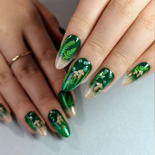 CurvLife Long Almond Press On Nails, Green Forest, Soft Gel - color: Green forest