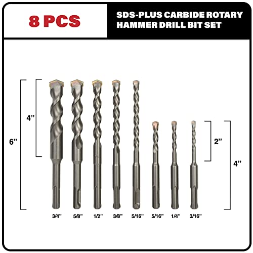 8-Piece SDS Plus Drill Bit Set, Carbide Tipped, Rotary Hammer Drill Bits for Brick, Stone, Concrete