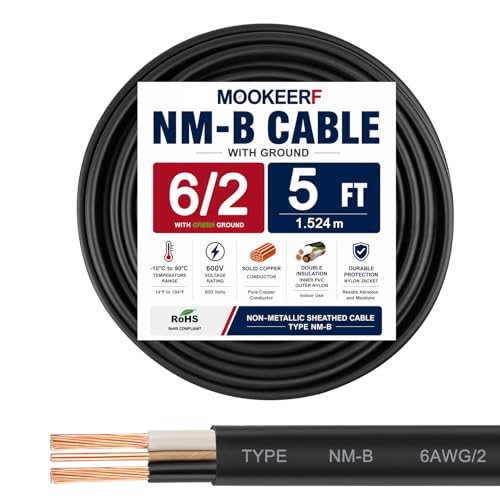 6/2 Wire with Ground - 5FT 6 Gauge NM-B Non-Metallic Sheathed Cable 100% Pure Copper 6 AWG 2 Conductor Residential Indoor Wire for Outlets, Switches, Other Loads and Lighting Wiring Projects etc. - size: 5FT, style: 6AWG/2