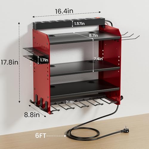 Power Tool Organizer Wall Mount with Charging Station, Garage 4 Drill Storage Shelf with Cordless Tool Holder, Heavy Duty Rack with 8 Outlet Power Strips and Hooks, Gift for Men, Husband (4 Layer) - size: 4 layer