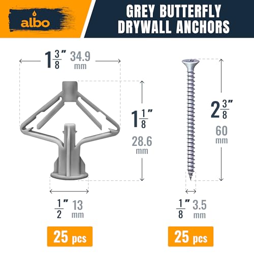ALBO Drywall Anchor Kit Hollow Wall with Screws 50 pcs. (Grey Anchor 25pcs + Screws 25pcs) Plastic Hollow Wall Drilling Anchors - color: Grey 25pcs
