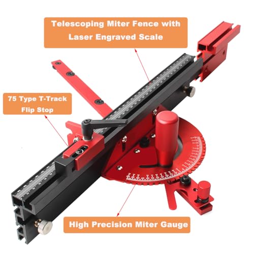 Aluminum Precision Miter Gauge for Maximum Stock Support and a Repetitive Cut Flip Stop - color: Miter Gauge & Fence-bl