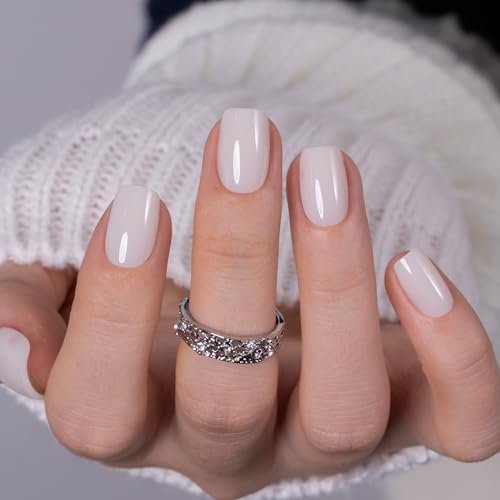 CurvLife Short Square Apricot Design Press On Nails, Milky White, Soft Gel - color: Clean Milky Nude