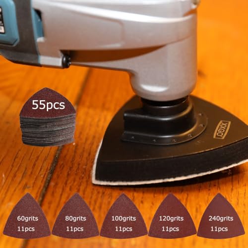 XXGO 55 Pcs 80mm 3-1/8 Inch Triangular Oscillating Multi Tool Sanding Pads - size: 3-1/8 Inch Triangle - Mix Grit - 55 Pcs