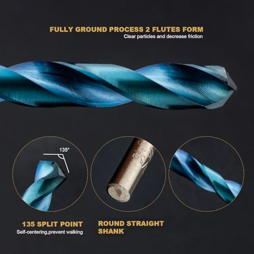 HIDOTOL 13 PCS Blue Coating Cobalt Drill Bit Set M35 HSS Twist Drill Bits 1/16"-1/4" for Hardened Metal, Stainless Steel, Cast Iron, Plastic and Wood - size: Blue Coating Cobalt 13 PCS