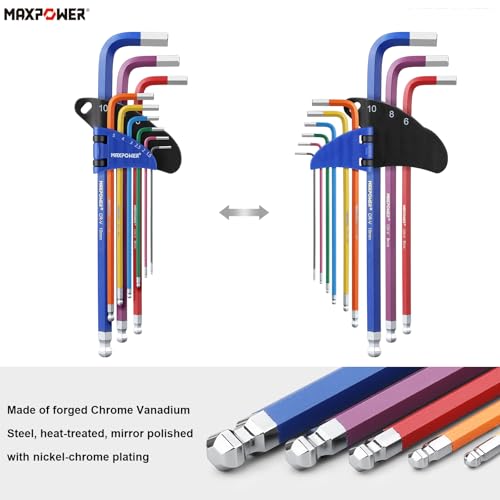 MAXPOWER 18-Piece Hex Key Allen Wrench Set, Hex Key Set SAE & Metric Extra Long Arm Ball End Set with T-Handle - size: 18-piece