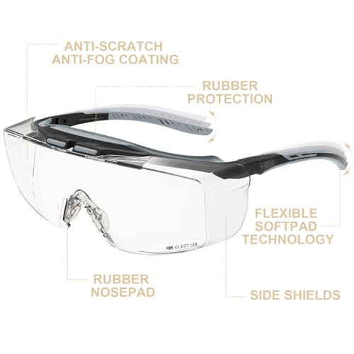 HTS HUNTERSKY ANSI Z87.1+ Anti Fog Fit Over Eyeglasses Safety Glasses Up to 1.88 inch 99.9% UV Protection OTG Lab Goggles - color: 3906c Black-gray / Clear Lens - 8 Pack
