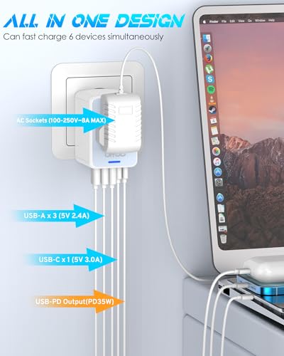 Universal Travel Adapter, 35W PD Fast Charging, 5 USB C/A Ports - color: PD35W-3A2C-white