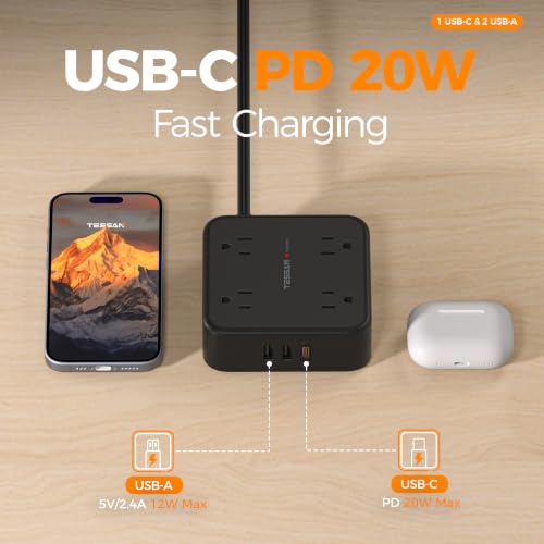 TESSAN Surge Protector Power Strip with 900J Surge Protection, 15 Ft, Black - color: Black with 1 USB C, size: 15 feet