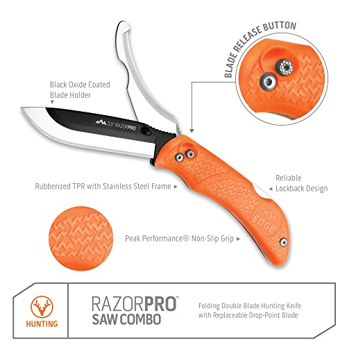 OUTDOOR EDGE RazorPro Double Blade Hunting Knife with Flip N’ Zip Bone Saw – Folding Knife with Gutting Blade & Replaceable RazorSafe Skinning Edge, Includes Camo Nylon Sheath - style: RazorPro (Gut & Skinning + Saw)