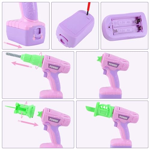Kids Construction Tool Set for 3 4 5 6 7 Year Old Boys Girl,Pink Preschool Pretend Play Tool,Pretend Play Tools Set Toddler Toys,with Electric Drill Chainsaw、Electric Drill,Toy Tools Gifts for Kids