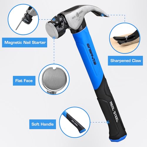 REAL STEEL 16 Oz Jacketed Graphite Magnetic Head Curved Claw Hammer with Non-Slip Cushion Grip Framing Hammer Smooth Face with Smooth Face 0501 - size: 16 oz