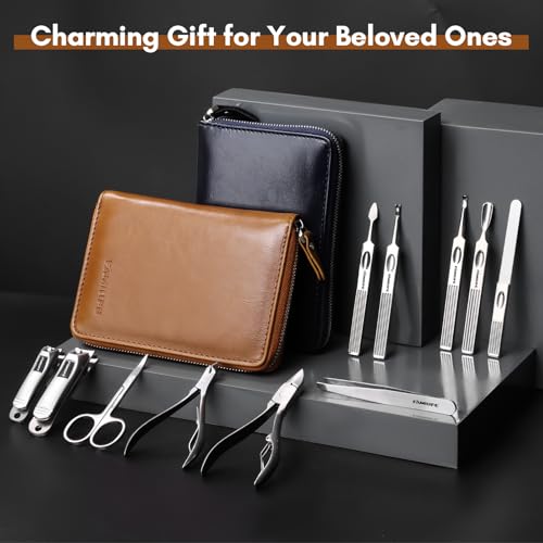 FAMILIFE Stainless Steel Manicure Set 11-in-1 Professional Nail Clipper Kit | Portable Leather Travel Case, Pedicure & Grooming Tools for Fingernails & Toenails, Luxury Gifts Set for Men & Women, Brown - color: Brown