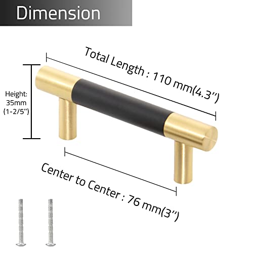 Linkaa 10 Pack丨 3 Inch Cabinet Handles Gold Drawer Pulls with Black Planting, Modern Cabinet Pulls for Kitchen Bathroom Cupboard,Brass Bar Pulls Kitchen Hardware（ 3 inch (76 mm)，Solid Brass） - size: 76 mm