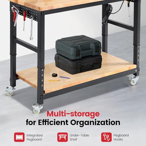 ENJOYWOOD 60" Heavy Duty Garage Workbench with Wheels, Adjustable Height