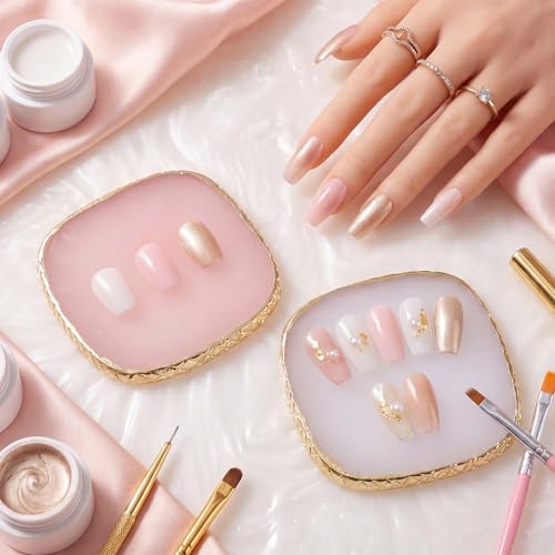 2 Pcs Resin Nail Art Palette, Pink Square Mixing Tray with Gold Edge - color: Pink, White