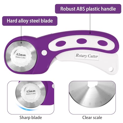 45mm Rotary Cutter for Fabric with 5 Extra Blades, Roller, with Safety Lock - color: Purple