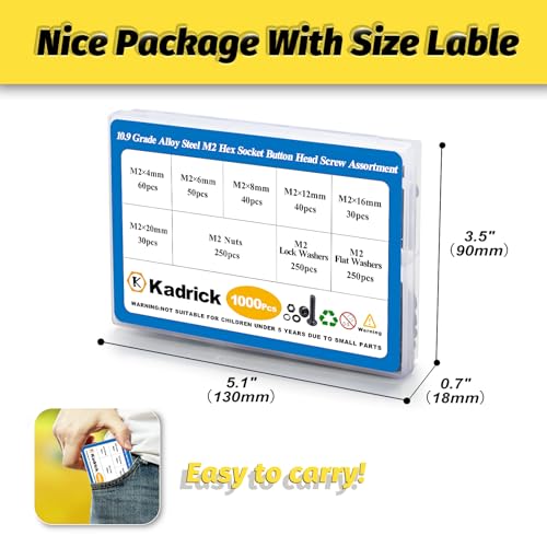 KADRICK 1000PCS M2 Screw Kit,Hex Socket Button Head Bolts 4mm-20mm - size: M2 1000Pcs 4-20mm
