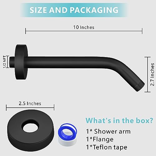Shower Arm with Flange, 10 Inches Wall Mount Replacement Shower Head Arm For Fixed Shower Head and Handheld Showerhead, Matte Black - color: Matte Black, style: 10 Inch