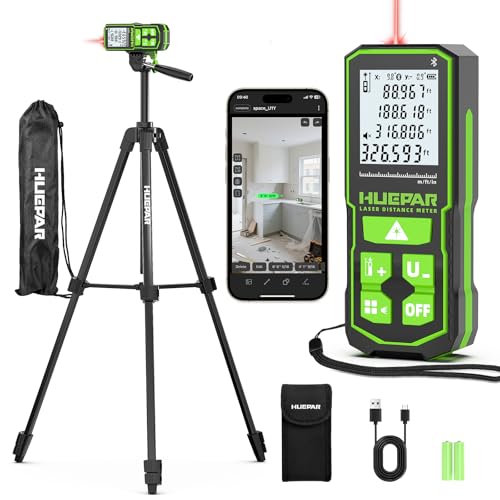 Laser Distance Measure 395 Feet with 60 Inch Tripod, Huepar Laser Distance Meter with Bluetooth & APP, Angle Sensor, 1/16in Accuracy Rechargeable Laser Measuring Tool, M/in/Ft Unit, Pythagorean Mode - size: 395Ft-Tripod