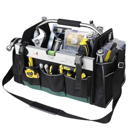 18 Inch Open Top Tool Bag, Tool Bags for Men with 30 Pockets, 1680D Waterproof Fabric, Foldable Electrician Tool Bag with Rotating Handle, Reflective Tool Organizer for Men, Green - color: Black-Green