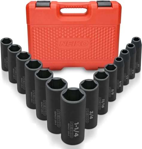 Neiko 02476A 1/2" Impact Socket Set, 14 Piece 6 Point Impact Set, Standard Impact Socket Set, SAE Sizes (3/8-Inch to 1-1/4") Cr-V Steel, Deep Socket Set 1/2 Drive,