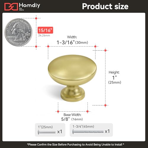homdiy 25 Pack 1-3/16in Gold Cabinet Knobs Dresser Closet Knobs - color: Gold