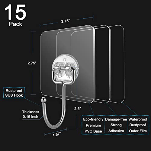 15 pack Large Adhesive Wall Hooks, Damage-Free Waterproof Rustproof 33Ib Max Heavy Duty Hanging Clear Seamless Sticky Utility Hooks, Towel Coat Hangers for Home, Kitchen, Bathroom (Round Head) - color: 01 Large Hook