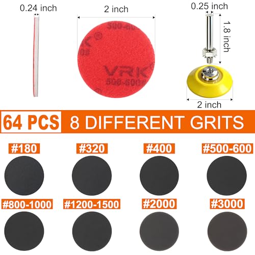 64 PCS 2 Inch Sanding Disc,Hook and Loop Sanding Pad 180 to 3000 Grit - style: Mix Grit 64PCS