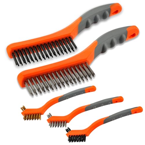 MAXMAN Wire Brush Set 5Pcs, Nylon/Brass/Stainless/Carbon, Rust/Weld Remove