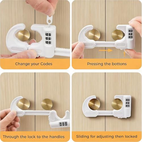 4 Pack Cabinet Locks with Combination Baby Proof Cabinet Door Lock Multifunctional Adjustable Child Safety Lock Knobs Door Lock for Knob Handle (White) - color: White